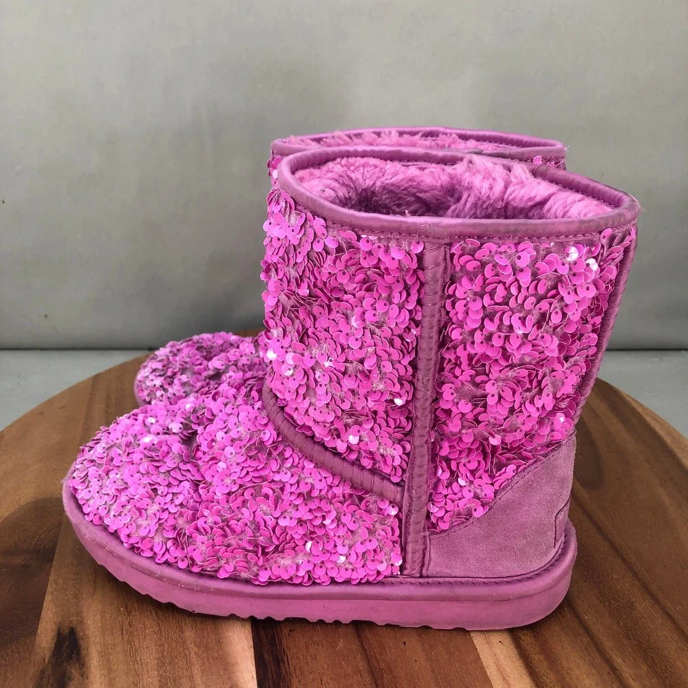 UGG Classic Short Sequin Pink Boots Girls Size 4 Sparkle Shearling Lined